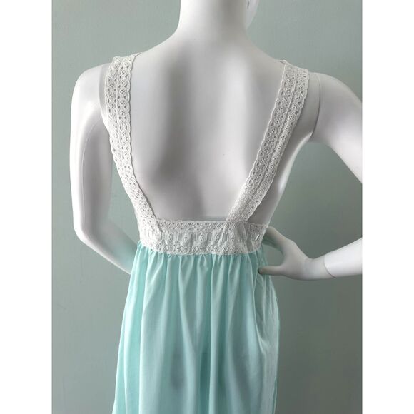 1970s Vintage Aqua Blue Lace Trim Maxi Nightgown Lingerie Dress size 38 M/L - Picture 4 of 9